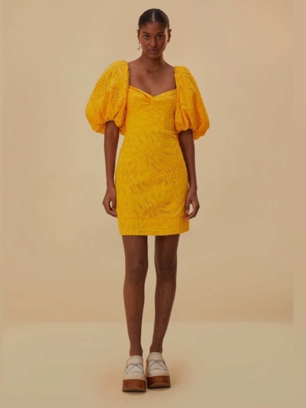 Farm Rio Monstera Yellow Eyelet Puff-Sleeve Mini Dress XS - Picture 3 of 10
